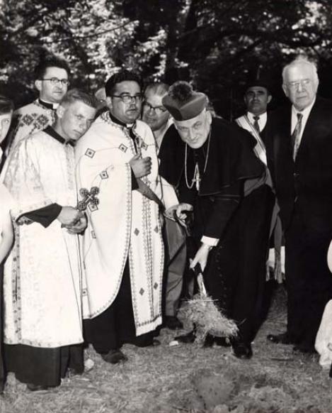 Archbishop Richard Cushing (later Cardinal) breaking ground for the new Sacred Heart Church, 1952