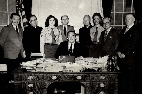 Massachusetts Governor Edward J. King signs a Ukrainian Independence Proclamation - present are community leaders and Fr. P. Ohirko (Christ the King Church) and Fr. M. Pacholok (St. Andrew Orthodox Church), early 1980