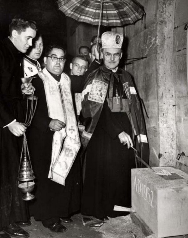 Bishop Constantine Bohachevsky laying the cornerstone for the new Sacred Heart Church, 1952