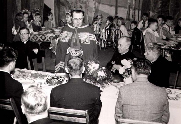 Visit of Bishop Ambrose Senyshyn - present are Fr. E. Sharanevych, on his right, and on his left, Fr. V. Kozoriz (St. George’s) and Fr. R. Dyky (from NH), 1956